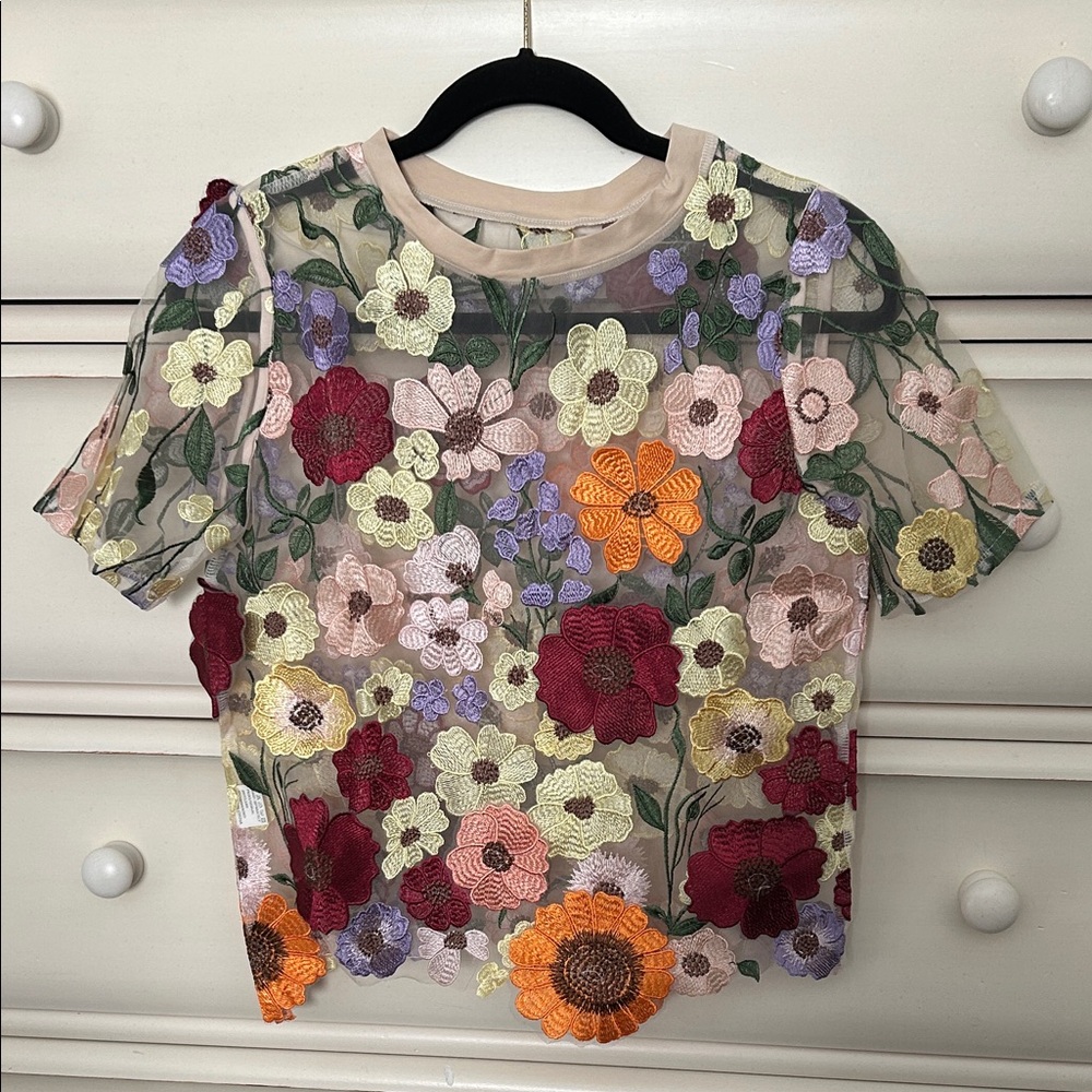 New Floral Embroidered Sheer Top